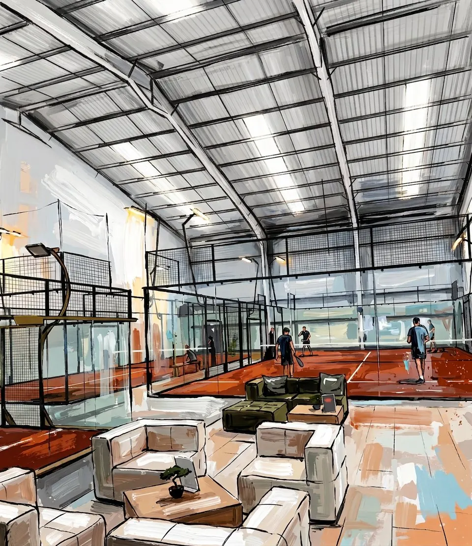 Painting of the PADELPRIV lounge looking onto the courts